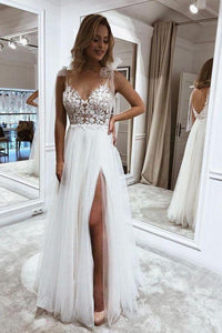 A line V-neck Appliques Beach Wedding Dresses, Tulle Prom Dress With Split GJS240