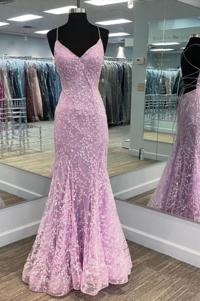 V Neck Backless Mermaid Purple Lace Long Prom Dress GJS445 – Alinepromdress
