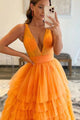 V Neck Open Back Layered Orange Tulle Long Prom Dress GJS695