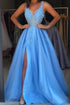 V Neck Slit Side Blue Prom Dresses with Beaded  and split GJS007