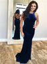 Mermaid Jewel Navy Blue Criss Cross Straps Velvet Prom Dress LBQ0371