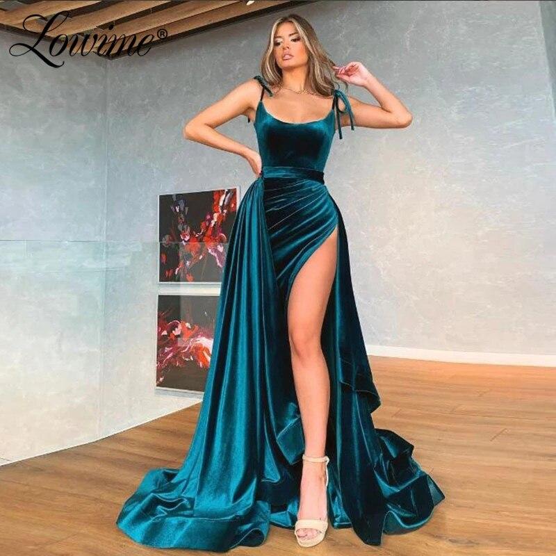 Elegant Velvet Long Evening Dresses with High Split Side GJS027 Alinepromdress Elegant Velvet Long Evening Dresses with High Split Side GJS027 Alinepromdress