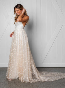A Line Straps Lace Backless Wedding Dresses with Slit