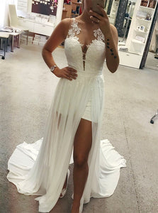 A Line V Neck Appliques Chiffon Wedding Dresses with Slit