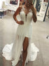 A Line V Neck Appliques Chiffon Wedding Dresses with Slit LBQW0158