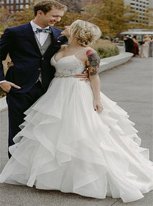 Lace Ruffles Tulle Ball Gown Spaghetti Strap Wedding Dresses