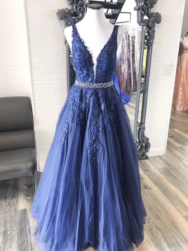Navy Blue Tulle Appliques Sexy V-neck A-Line Long Prom Dress LBQ2334 Alinepromdress Navy Blue Tulle Appliques Sexy V-neck A-Line Long Prom Dress LBQ2334 Alinepromdress