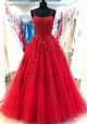 A Line Red Tulle Lace Appliques Modest Evening Dress Long Prom Dress  ADJ001