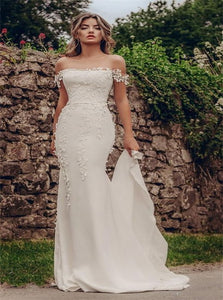 Off the Shoulder White Satin Wedding Dress with Appliques 