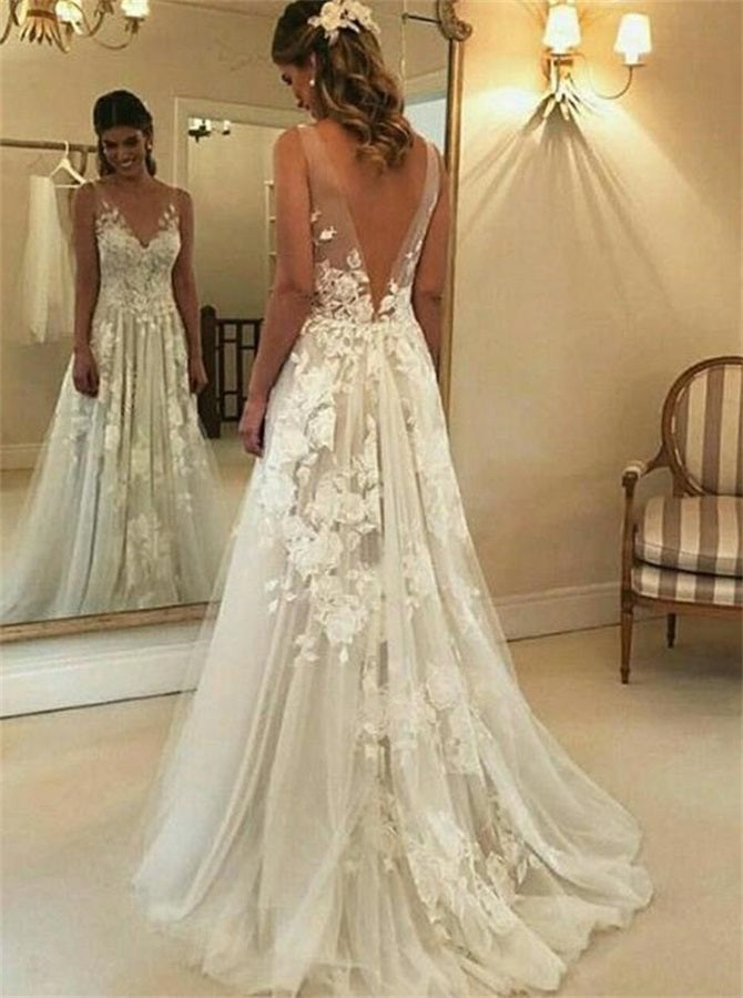 A Line V Neck With Appliques Tulle Wedding Dresses | Alinepromdress A Line V Neck With Appliques Tulle Wedding Dresses | Alinepromdress