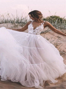 A Line V Neck Straps Tulle Appliques Wedding Dresses 