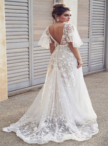 A Line Half Sleeves Open Back V Neck Lace Wedding Dresses