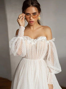 A Line Off the Shoulder Ivory Chiffon Wedding Dresses