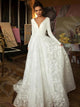 Long Sleeves Lace Satin Deep V Neck White Wedding Dresses