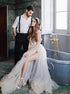 Ivory A Line V Neck Chiffon Appliques Wedding Dress with Slit LBQW0125