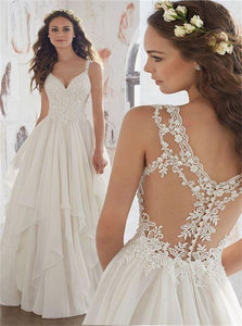 V Neck Lace Appliques Chiffon Wedding Dresses with Ruffles