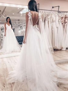 A Line Tulle Sleeveless V Neck Backless Wedding Dresses