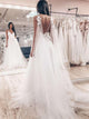 A Line Tulle Sleeveless V Neck Backless Wedding Dresses