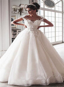 Ball Gown Applique Sequins Short Sleeves Wedding Dresses