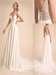 White V Neck Appliques Tulle Wedding Dresses with Pleats 