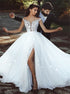 A Line Tulle Lace Appliques Wedding Dress With Slit LBQW0052