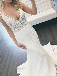 Mermaid V Neck Sweep Train Lace White Wedding Dresses 