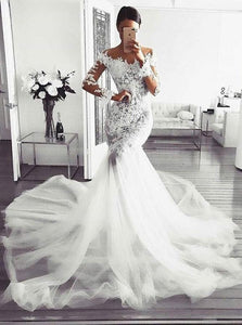 Mermaid V Neck Tulle Wedding Dresses with Appliques