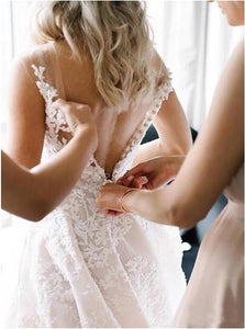 A Line Lace Wedding V Neck V Back Wedding Dresses