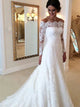 A Line White Tulle Wedding Dresses with Sweep Train