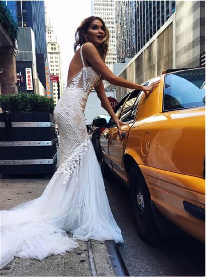 Mermaid V Neck Tulle Wedding Dresses With Appliques | Alinepromdress Mermaid V Neck Tulle Wedding Dresses With Appliques | Alinepromdress