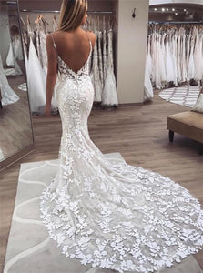 Mermaid Open Back Sweep Train Lace Wedding Dresses