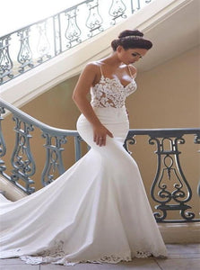 Mermaid V Neck Appliques Lace Ivory Wedding Dresses
