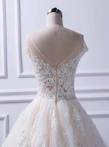 Appliques Cap Sleeves Open Back Wedding Dresses