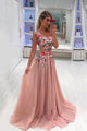 Beautiful Embroidery Appliques Long A-line Pink Prom Dresses GJS162