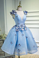 V-neck Light Blue Short Cute Homecoming Dresses With Butterflies  ZXS711