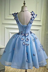 V-neck Light Blue Short Cute Homecoming Dresses With Butterflies  ZXS711