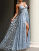 A Line Blue V Neck Tulle Prom Dress with Slit LBQ4069
