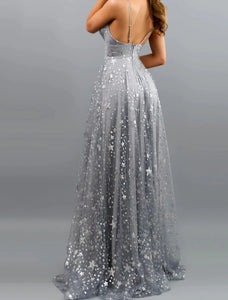 A Line Blue V Neck Tulle Prom Dress with Slit LBQ4069