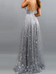 A Line Blue V Neck Tulle Prom Dress with Slit LBQ4069