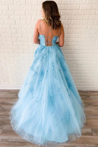 A Line Sky Blue Lace Backless Long Prom Dresses, Party Formal Dresses ADJ002
