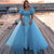 Blue Bubble Sleeves Spoon Neck Mermaid Sequin Detachable Long Prom Dress GJS718