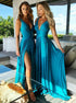 A Line V Neck Turquoise Satin Backless Bridesmaid Dress with Split LBQB0050
