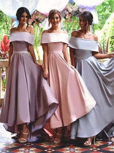 A Line Off The Shoulder Pink Pleats Satin Bridesmaid Dresses