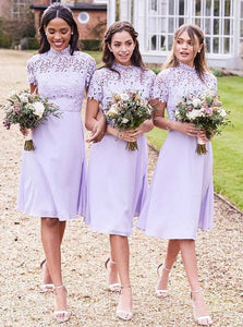 A Line High Neck Knee Length Lilac Chiffon Bridesmaid Dresses with Lace 