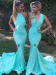 Mermaid Deep V Neck Mint Satin Pleats Bridesmaid Dresses 