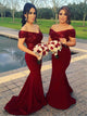 Mermaid Off Shoulder Dark Red Satin Bridesmaid Dress with Sequins
