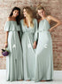 A Line Off the Shoulder Satin Half Sleeves Bridesmaid Dress with Pleats LBQB0061