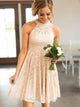A Line Round Neck Short Pearl Pink Lace Bridesmaid Dress with Pearls