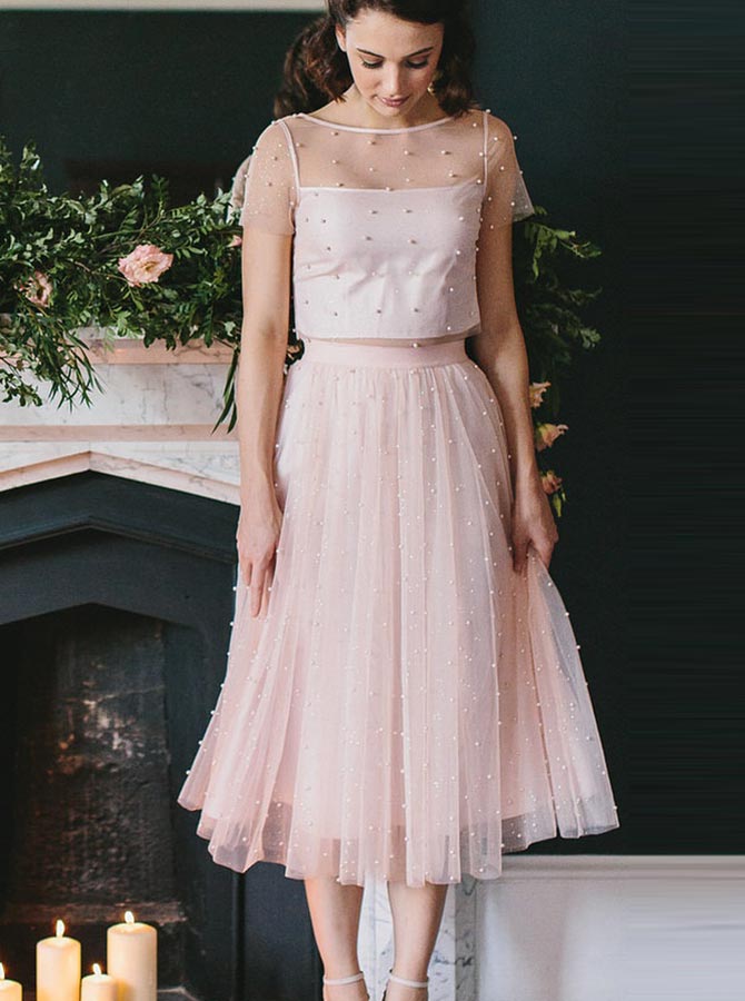 A Line Tea Length Pink Tulle Bridesmaid Dresses with Pearls | Alinepromdress A Line Tea Length Pink Tulle Bridesmaid Dresses with Pearls | Alinepromdress