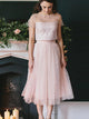 A Line Two Piece Tea Length Pink Tulle Bridesmaid Dress with Pearls 